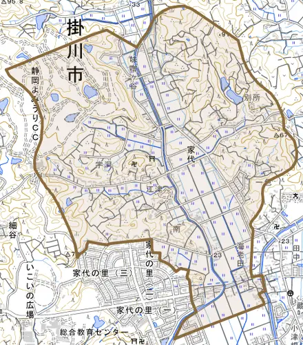 家代とその周辺の地図。町の範囲を重ねている