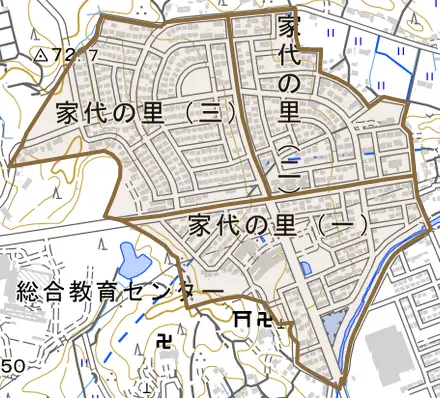 家代の里とその周辺の地図。町の範囲を重ねている