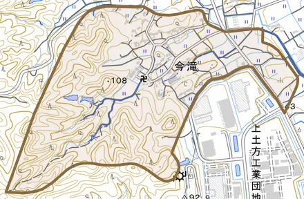 今滝とその周辺の地図。町の範囲を重ねている
