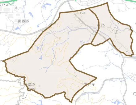 板沢とその周辺の地図。町の範囲を重ねている