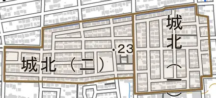 城北とその周辺の地図。町の範囲を重ねている