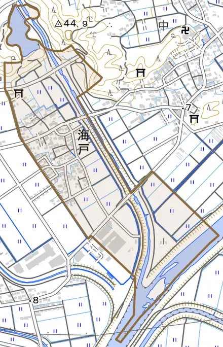 海戸とその周辺の地図。町の範囲を重ねている