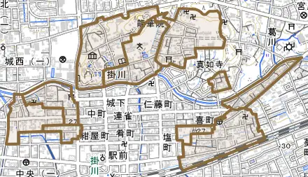 掛川とその周辺の地図。町の範囲を重ねている