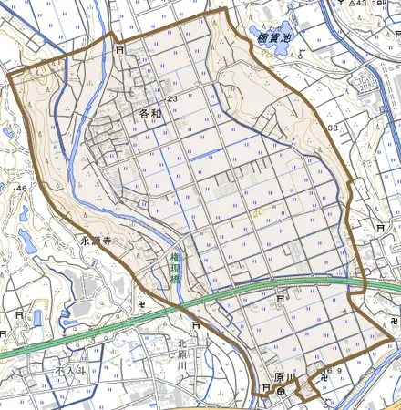 各和とその周辺の地図。町の範囲を重ねている