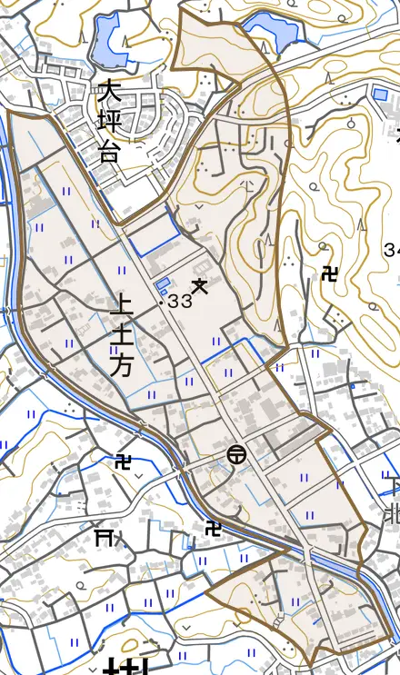 上土方とその周辺の地図。町の範囲を重ねている
