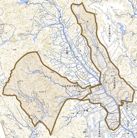 上土方落合とその周辺の地図。町の範囲を重ねている