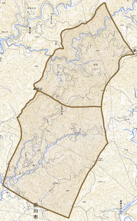 上西之谷とその周辺の地図。町の範囲を重ねている