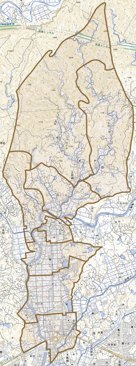 上西郷とその周辺の地図。町の範囲を重ねている
