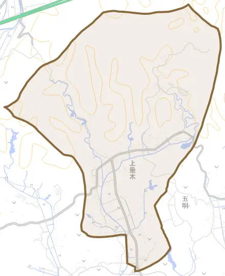 上垂木とその周辺の地図。町の範囲を重ねている