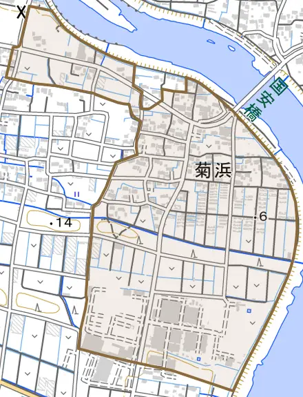 菊浜とその周辺の地図。町の範囲を重ねている