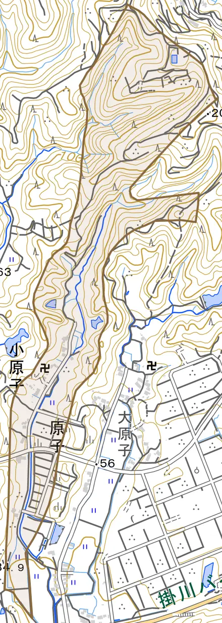 小原子とその周辺の地図。町の範囲を重ねている