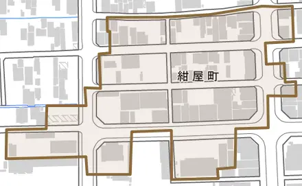 紺屋町とその周辺の地図。町の範囲を重ねている