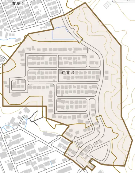紅葉台とその周辺の地図。町の範囲を重ねている
