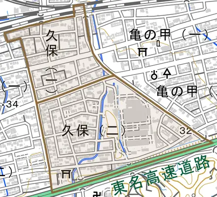 久保とその周辺の地図。町の範囲を重ねている