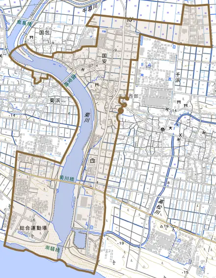 国安とその周辺の地図。町の範囲を重ねている