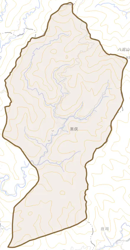 黒俣とその周辺の地図。町の範囲を重ねている
