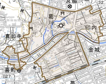 葛川とその周辺の地図。町の範囲を重ねている