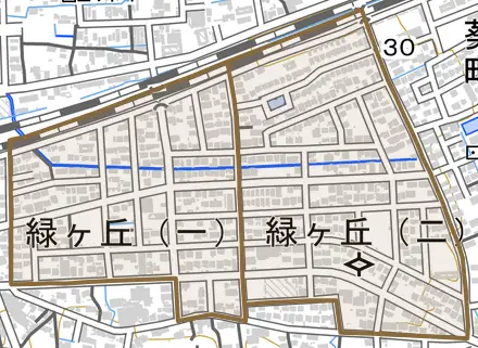 緑ケ丘とその周辺の地図。町の範囲を重ねている