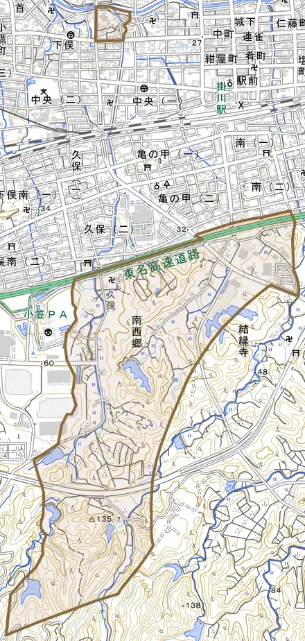 南西郷とその周辺の地図。町の範囲を重ねている