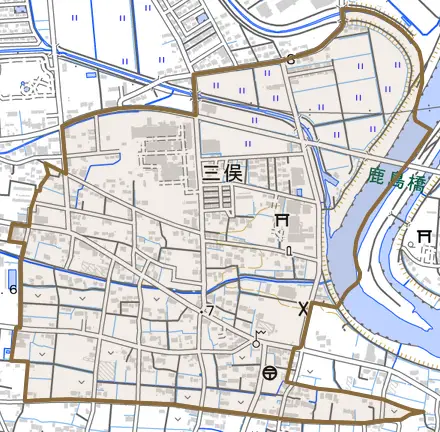 三俣とその周辺の地図。町の範囲を重ねている