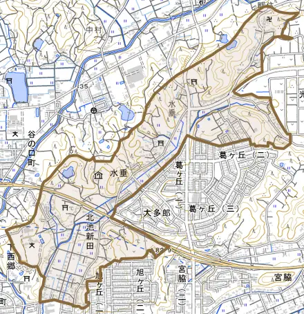 水垂とその周辺の地図。町の範囲を重ねている