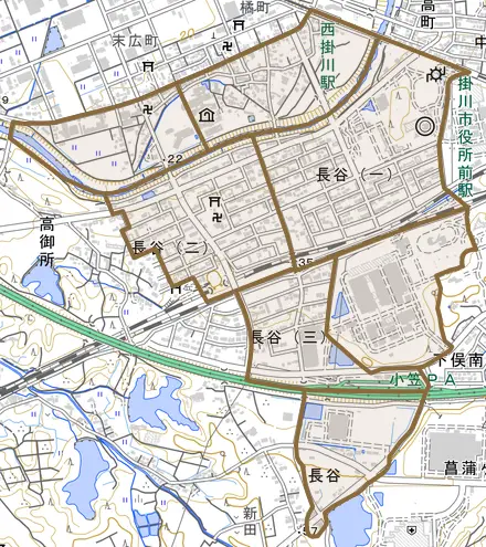 長谷とその周辺の地図。町の範囲を重ねている
