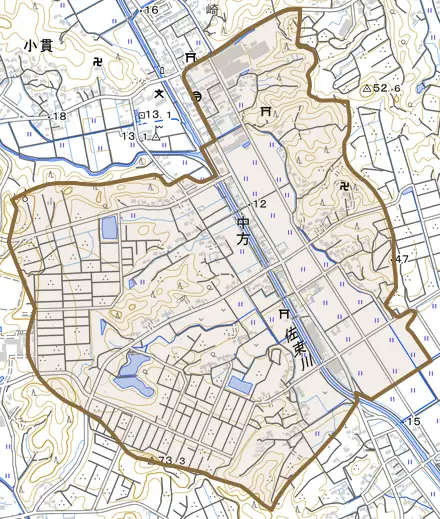 中方とその周辺の地図。町の範囲を重ねている