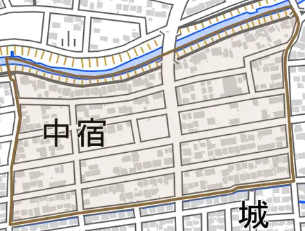 中宿とその周辺の地図。町の範囲を重ねている