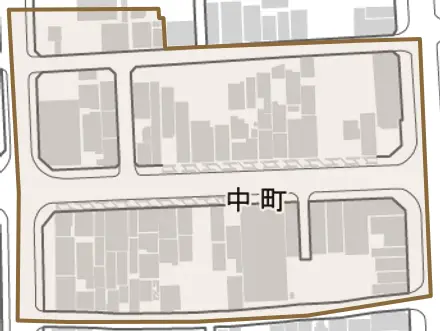 中町とその周辺の地図。町の範囲を重ねている