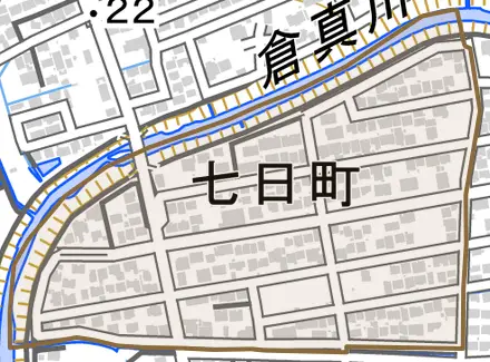七日町とその周辺の地図。町の範囲を重ねている