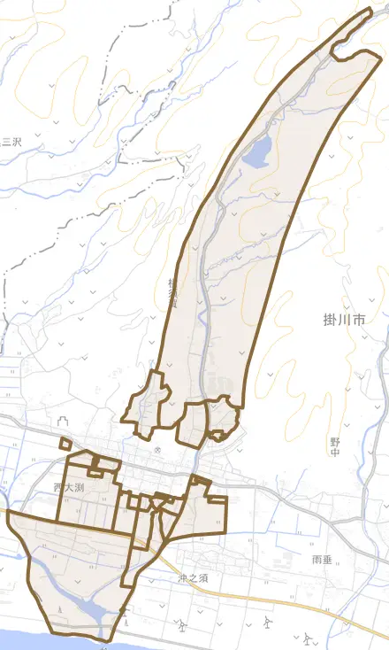 西大渕とその周辺の地図。町の範囲を重ねている