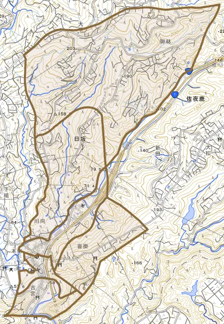 日坂とその周辺の地図。町の範囲を重ねている