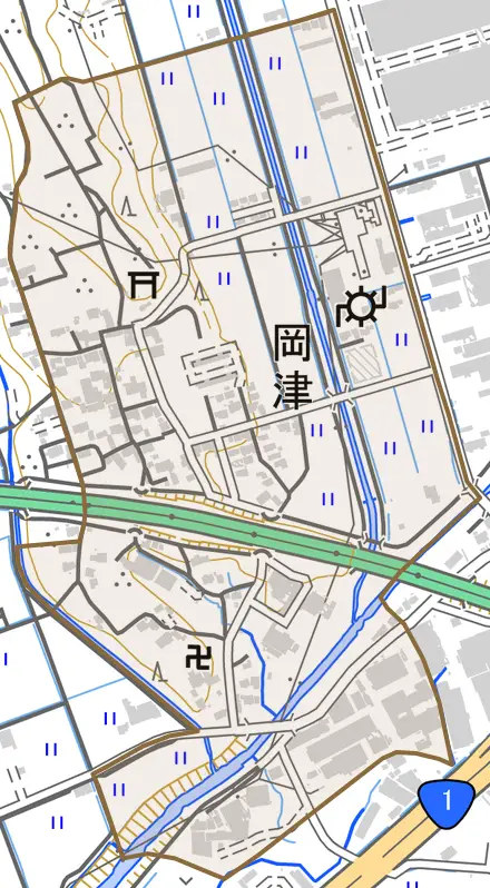 岡津とその周辺の地図。町の範囲を重ねている