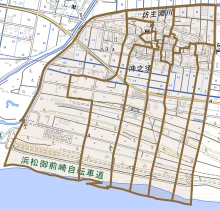 沖之須とその周辺の地図。町の範囲を重ねている