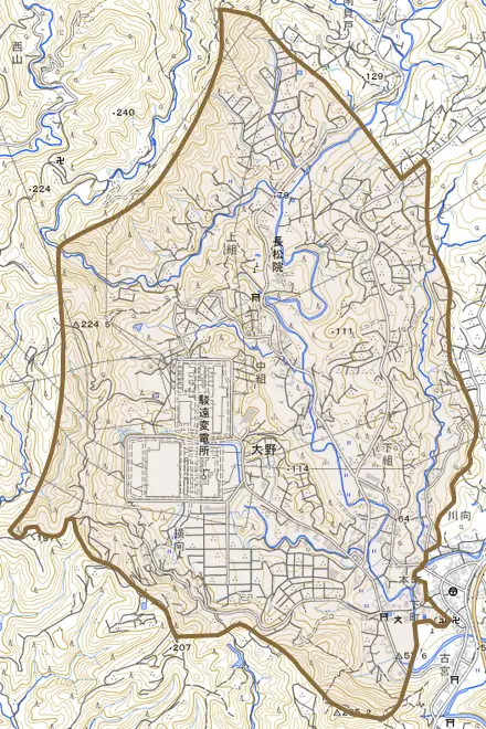 大野とその周辺の地図。町の範囲を重ねている