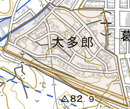 大多郎とその周辺の地図。町の範囲を重ねている