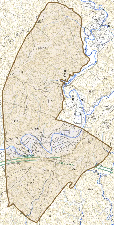 大和田とその周辺の地図。町の範囲を重ねている