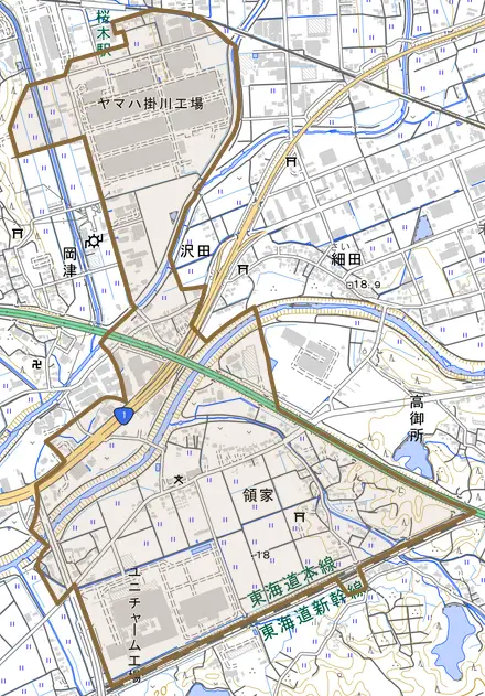 領家とその周辺の地図。町の範囲を重ねている