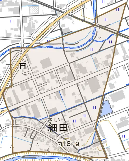 細田とその周辺の地図。町の範囲を重ねている