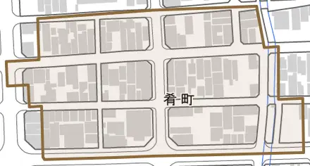 肴町とその周辺の地図。町の範囲を重ねている