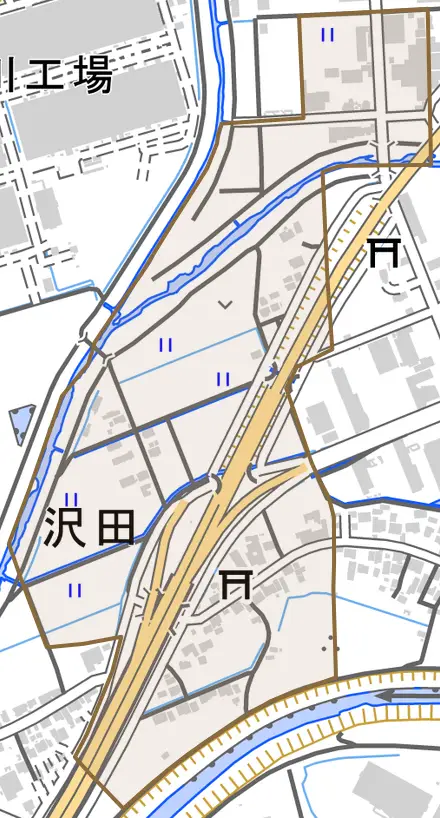 沢田とその周辺の地図。町の範囲を重ねている