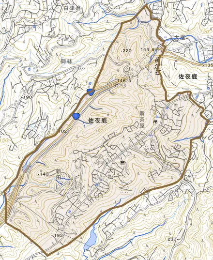 佐夜鹿とその周辺の地図。町の範囲を重ねている