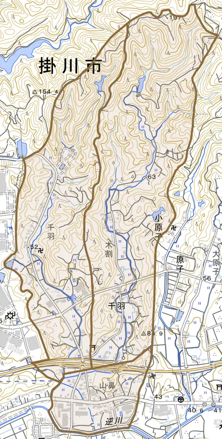 千羽とその周辺の地図。町の範囲を重ねている