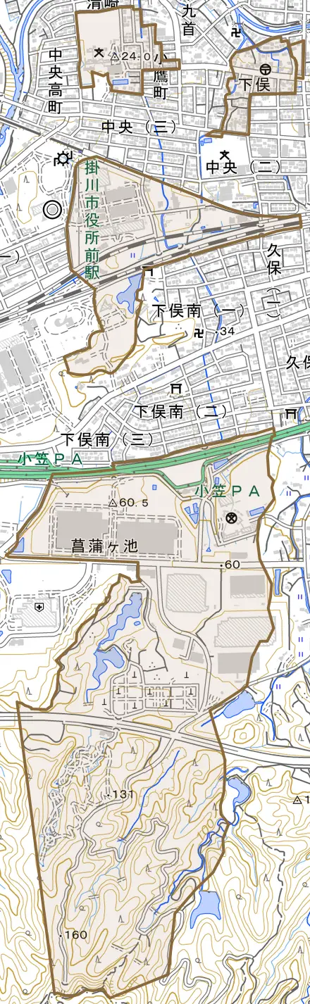 下俣とその周辺の地図。町の範囲を重ねている