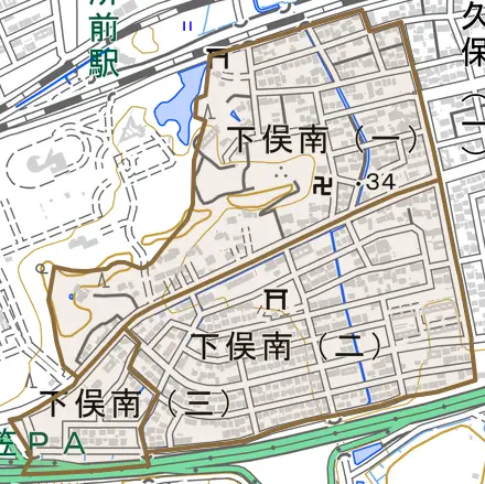 下俣南とその周辺の地図。町の範囲を重ねている