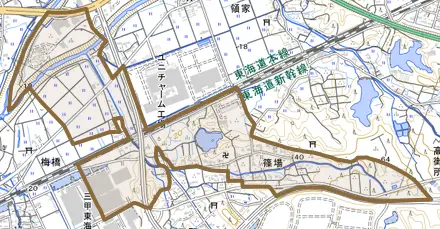 篠場とその周辺の地図。町の範囲を重ねている