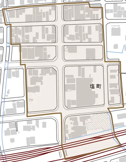 塩町とその周辺の地図。町の範囲を重ねている