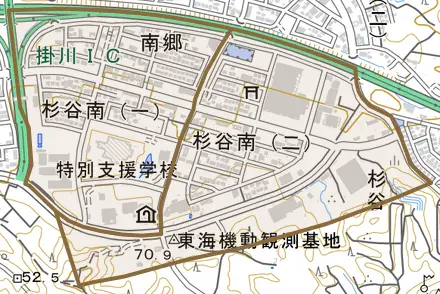 杉谷南とその周辺の地図。町の範囲を重ねている