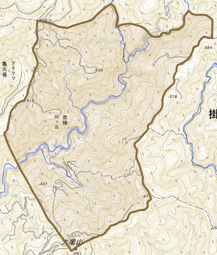 炭焼とその周辺の地図。町の範囲を重ねている