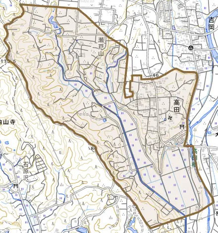 高田とその周辺の地図。町の範囲を重ねている